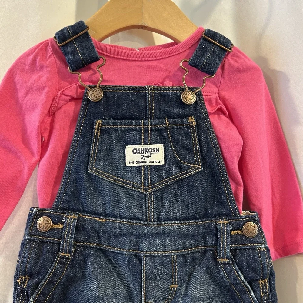 Oshkosh Girls 6 Months Blue Denim‎ Overalls Fleece Lined Pink Bibs